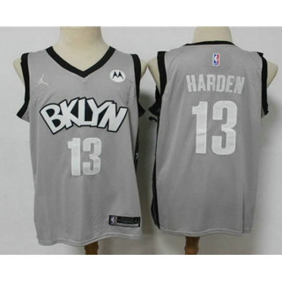 Men Brooklyn Nets 13 James Harden Light Grey 2021 Brand Jordan Swingman Stitched NBA Jersey With NEW Sponsor Logo Men Brooklyn Nets 13 James Harden Light Grey 2021 Brand Jordan Swingman Stitched NBA Jersey With NEW Sponsor Logo
