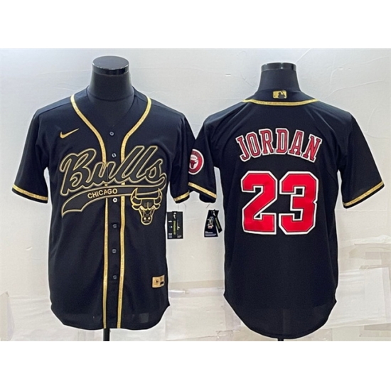 Men Chicago Bulls 23 Michael Jordan Black Gold With Patch Cool Base Stitched Baseball Jersey Men Chicago Bulls 23 Michael Jordan Black Gold With Patch Cool Base Stitched Baseball Jersey