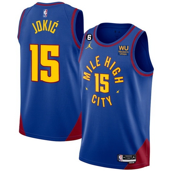 Men Denver Nuggets 15 Nikola Jokic Blue 2022 23 Statement Edition With NO 6 Patch Stitched Jersey Men Denver Nuggets 15 Nikola Jokic Blue 2022 23 Statement Edition With NO 6 Patch Stitched Jersey