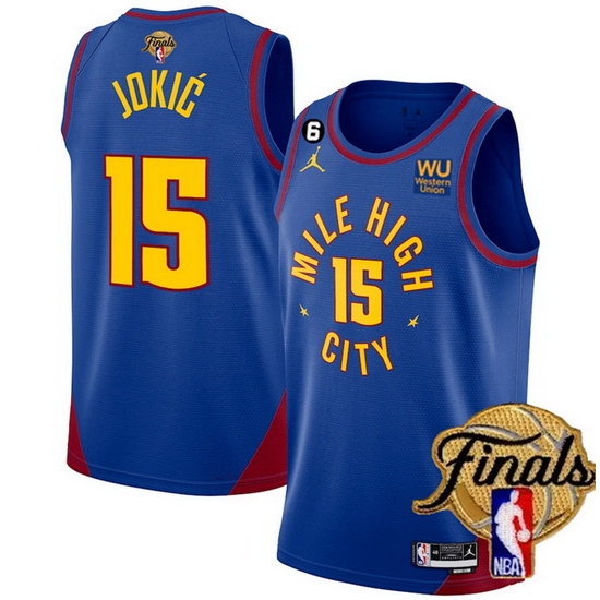 Men Denver Nuggets 15 Nikola Jokic Blue 2023 Finals Statement Edition With NO 6 Patch Stitched Basketball Jersey Men Denver Nuggets 15 Nikola Jokic Blue 2023 Finals Statement Edition With NO 6 Patch Stitched Basketball Jersey