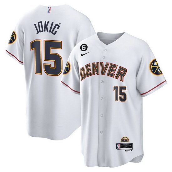 Men Denver Nuggets 15 Nikola Jokic White With No 6 Patch Cool Base Stitched Baseball Jersey Men Denver Nuggets 15 Nikola Jokic White With No 6 Patch Cool Base Stitched Baseball Jersey