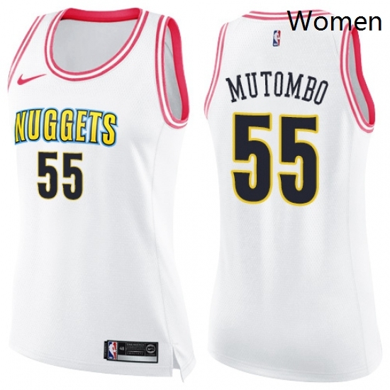 Womens Nike Denver Nuggets 55 Dikembe Mutombo Swingman WhitePink Fashion NBA Jersey Womens Nike Denver Nuggets 55 Dikembe Mutombo Swingman WhitePink Fashion NBA Jersey