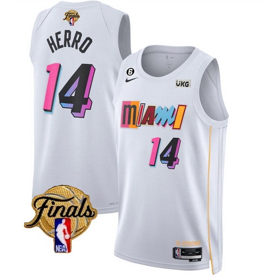 Men Miami Heat 14 Tyler Herro White 2023 Finals City Edition With NO 6 Patch Stitched Basketball Jersey Men Miami Heat 14 Tyler Herro White 2023 Finals City Edition With NO 6 Patch Stitched Basketball Jersey