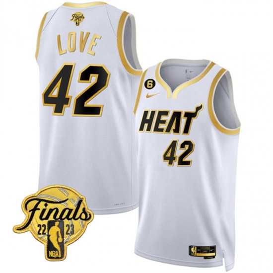Men Miami Heat 42 Kevin Love White Gold Edition 2023 Finals Collection With NO 6 Patch Stitched Basketball Jersey Men Miami Heat 42 Kevin Love White Gold Edition 2023 Finals Collection With NO 6 Patch Stitched Basketball Jersey