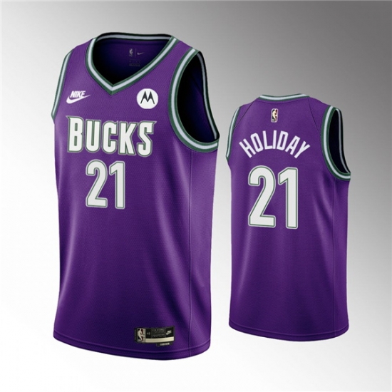 Men Milwaukee Bucks 21 Jrue Holiday 2022 23 Purple Classic Edition Swingman Stitched Basketball Jersey Men Milwaukee Bucks 21 Jrue Holiday 2022 23 Purple Classic Edition Swingman Stitched Basketball Jersey