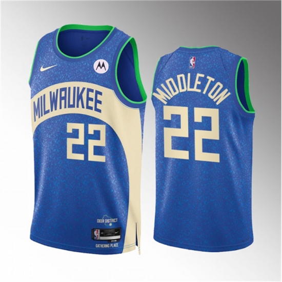 Men Milwaukee Bucks 22 Khris Middleton 2023 24 Blue City Edition Stitched Basketball Jersey Men Milwaukee Bucks 22 Khris Middleton 2023 24 Blue City Edition Stitched Basketball Jersey