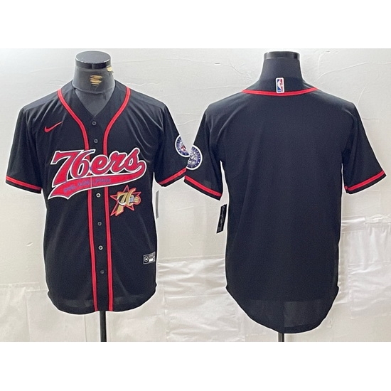 Men Philadelphia 76ers Team Big Logo Black Cool Base Stitched Baseball Jersey 3 Men Philadelphia 76ers Team Big Logo Black Cool Base Stitched Baseball Jersey 3
