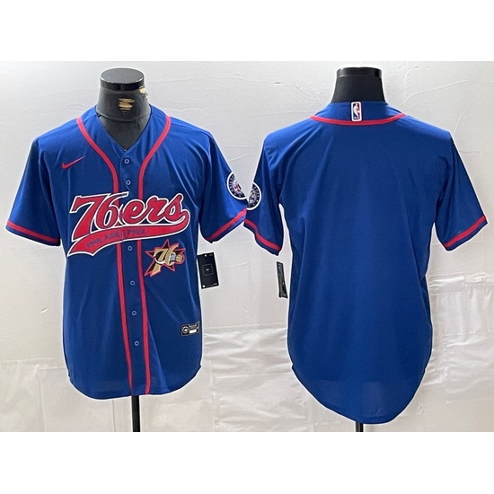 Men Philadelphia 76ers Team Big Logo Royal Cool Base Stitched Baseball Jersey 1 Men Philadelphia 76ers Team Big Logo Royal Cool Base Stitched Baseball Jersey 1