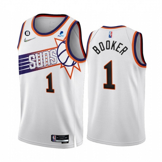 Men Phoenix Suns 1 Devin Booker 2022 23 White 75th Anniversary NO 6 Patch Association Edition Stitched Jersey Men Phoenix Suns 1 Devin Booker 2022 23 White 75th Anniversary NO 6 Patch Association Edition Stitched Jersey
