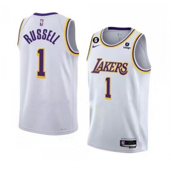 Men Los Angeles Lakers 1 D'Angelo Russell 2022 23 White With NO 6 Patch Association Edition With NO 6 Patch Stitched Basketball Jersey Men Los Angeles Lakers 1 D'Angelo Russell 2022 23 White With NO 6 Patch Association Edition With NO 6 Patch Stitched Basketball Jersey
