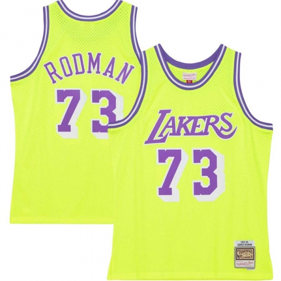 Men Los Angeles Lakers 73 Dennis Rodman Mitchell 26 Ness Neon Yellow Hardwood Classics 1998 99 Tropical Swingman Jersey Men Los Angeles Lakers 73 Dennis Rodman Mitchell 26 Ness Neon Yellow Hardwood Classics 1998 99 Tropical Swingman Jersey