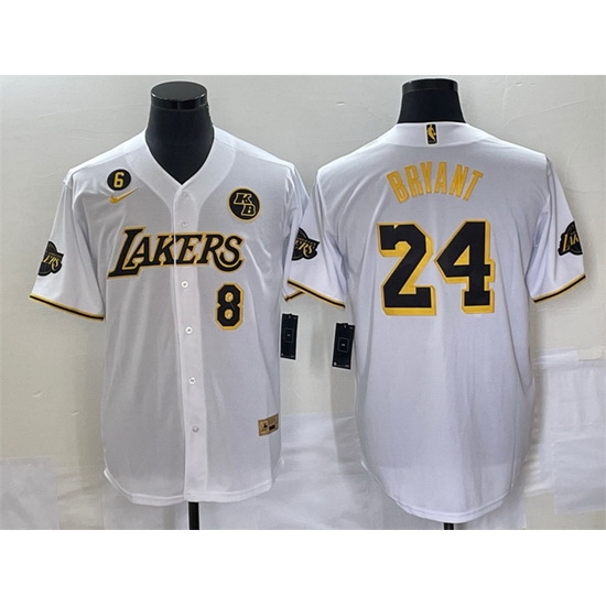 Men Los Angeles Lakers Front 8 Back 24 Kobe Bryant With NO 6 And KB Patch White Cool Base Stitched Baseball Jersey Men Los Angeles Lakers Front 8 Back 24 Kobe Bryant With NO 6 And KB Patch White Cool Base Stitched Baseball Jersey