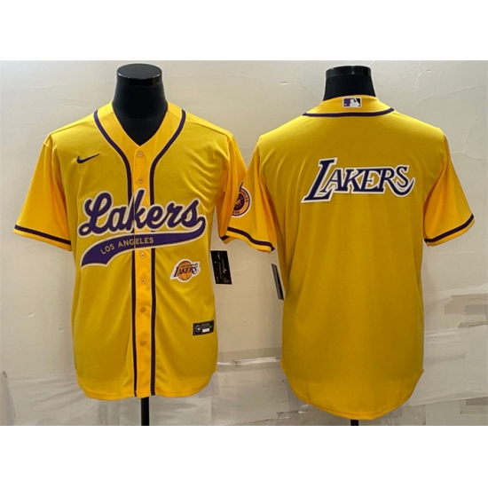 Men Los Angeles Lakers Yellow Big Logo With Patch Cool Base Stitched Baseball JerseyS Men Los Angeles Lakers Yellow Big Logo With Patch Cool Base Stitched Baseball JerseyS