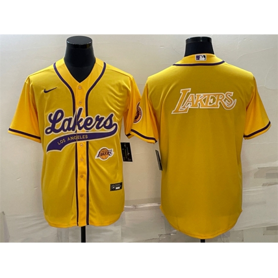 Men Los Angeles Lakers Yellow Big Logo With Patch Cool Base Stitched Baseball Jersey Men Los Angeles Lakers Yellow Big Logo With Patch Cool Base Stitched Baseball Jersey