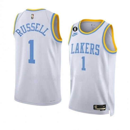 Men's Los Angeles Lakers #1 D’Angelo Russell 2022-23 White Classic Edition With No.6 Patch Stitched Basketball Jersey Men's Los Angeles Lakers #1 D’Angelo Russell 2022-23 White Classic Edition With No.6 Patch Stitched Basketball Jersey
