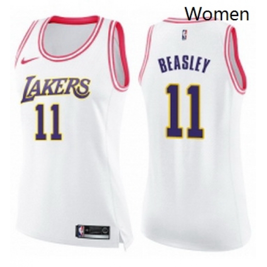 Womens Nike Los Angeles Lakers 11 Michael Beasley Swingman White Pink Fashion NBA Jersey 