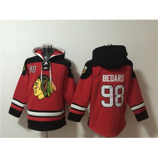Men Chicago Blackhawks 98 Connor Bedard Red Lace Up Pullover Hoodie Men Chicago Blackhawks 98 Connor Bedard Red Lace Up Pullover Hoodie