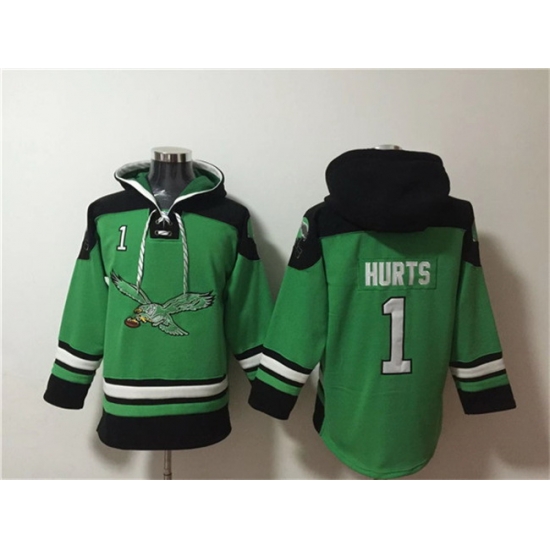 Men Philadelphia Eagles 1 Jalen Hurts Green Ageless Must Have Lace Up Pullover HoodieS Men Philadelphia Eagles 1 Jalen Hurts Green Ageless Must Have Lace Up Pullover HoodieS