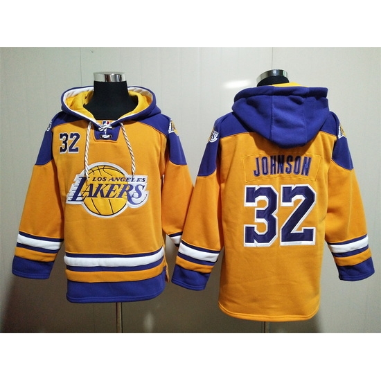 Men's Los Angeles Lakers #32 Magic Johnson Yellow Lace-Up Pullover Hoody Men's Los Angeles Lakers #32 Magic Johnson Yellow Lace-Up Pullover Hoody