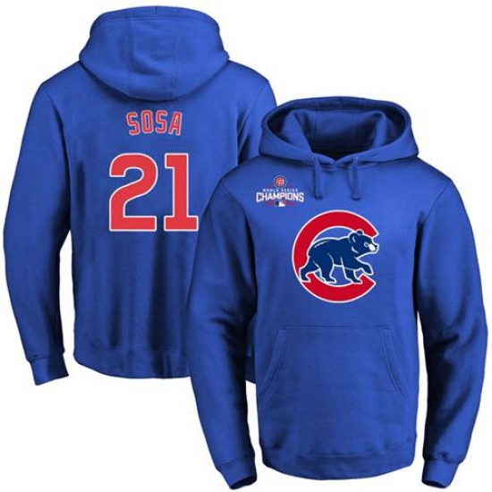 Men Chicago Cubs 21 Sammy Sosa Blue 2016 World Series Champions Primary Logo Pullover MLB Hoodie Men Chicago Cubs 21 Sammy Sosa Blue 2016 World Series Champions Primary Logo Pullover MLB Hoodie