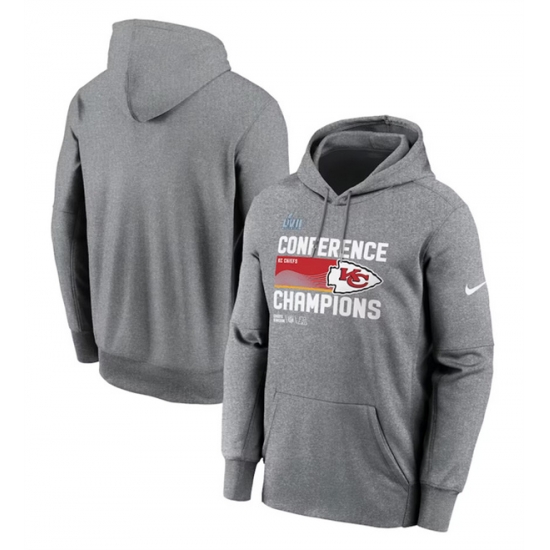 Men Kansas City Chiefs Heather Gray 2022 AFC Champions Locker Room Trophy Collection Pullover Hoodie Men Kansas City Chiefs Heather Gray 2022 AFC Champions Locker Room Trophy Collection Pullover Hoodie
