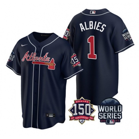 Men Atlanta Braves 1 Ozzie Albies 2021 Navy World Series With 150th Anniversary Patch Cool Base Stitched Jersey