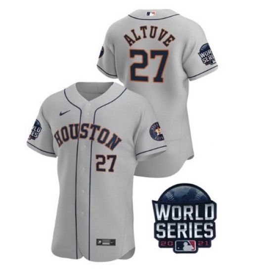 Men Houston Astros 27 Jose Altuve 2021 Grey World Series Flex Base Stitched Baseball Jersey Men Houston Astros 27 Jose Altuve 2021 Grey World Series Flex Base Stitched Baseball Jersey