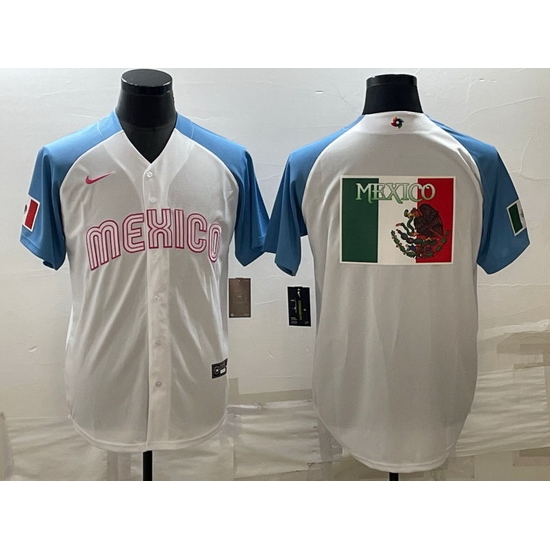 Men Mexico Baseball 2023 White Blue World Baseball Big Logo Classic Stitched Jersey Men Mexico Baseball 2023 White Blue World Baseball Big Logo Classic Stitched Jersey