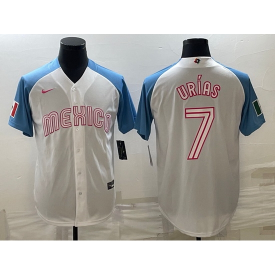 Men Mexico Baseball 7 Julio Urias 2023 White Blue World Baseball Classic Stitched JerseyS 1 Men Mexico Baseball 7 Julio Urias 2023 White Blue World Baseball Classic Stitched JerseyS 1