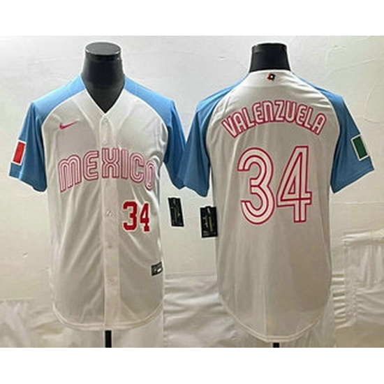 Men's Mexico Baseball #34 Fernando Valenzuela Number 2023 White Blue World Classic Stitched Jersey2 Men's Mexico Baseball #34 Fernando Valenzuela Number 2023 White Blue World Classic Stitched Jersey2