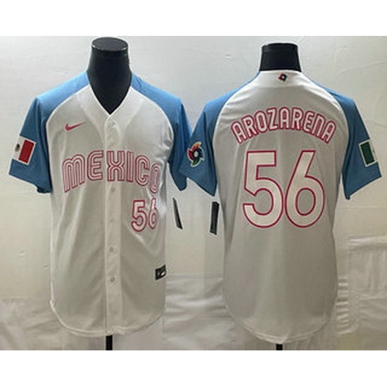 Men's Mexico Baseball #56 Randy Arozarena Number 2023 White Blue World Classic Stitched Jersey1 Men's Mexico Baseball #56 Randy Arozarena Number 2023 White Blue World Classic Stitched Jersey1