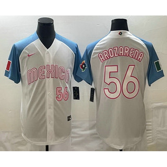 Men's Mexico Baseball #56 Randy Arozarena Number 2023 White Blue World Classic Stitched Jersey2 Men's Mexico Baseball #56 Randy Arozarena Number 2023 White Blue World Classic Stitched Jersey2