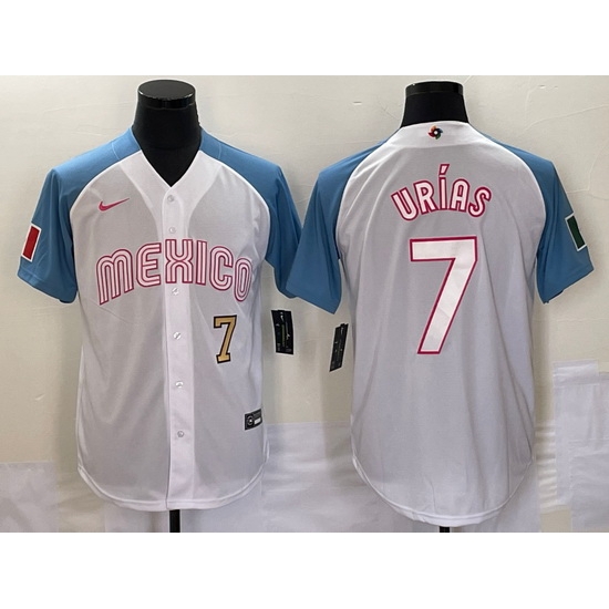Men's Mexico Baseball #7 Julio Urias Number 2023 White Blue World Classic Stitched Jersey1 Men's Mexico Baseball #7 Julio Urias Number 2023 White Blue World Classic Stitched Jersey1
