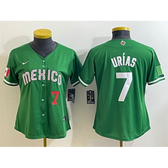 Women's Mexico Baseball #7 Julio Urias Number 2023 Green World Classic Stitched Jersey1 Women's Mexico Baseball #7 Julio Urias Number 2023 Green World Classic Stitched Jersey1
