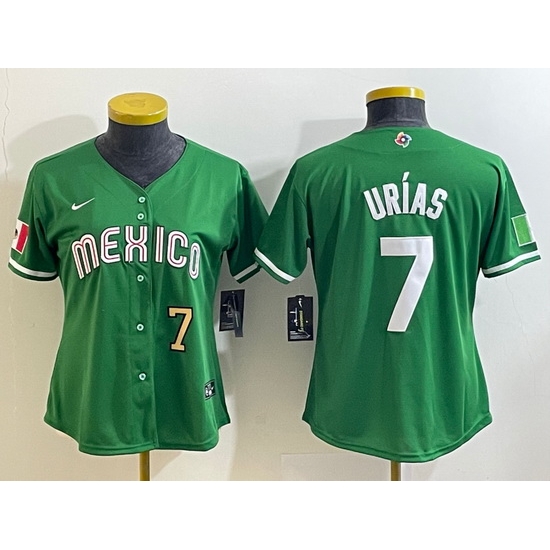 Women's Mexico Baseball #7 Julio Urias Number 2023 Green World Classic Stitched Jersey Women's Mexico Baseball #7 Julio Urias Number 2023 Green World Classic Stitched Jersey