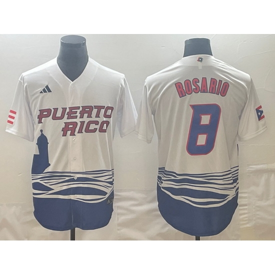 Men Puerto Rico Baseball 8 Eddie Rosario 2023 White World Baseball Classic Stitched Jersey Men Puerto Rico Baseball 8 Eddie Rosario 2023 White World Baseball Classic Stitched Jersey