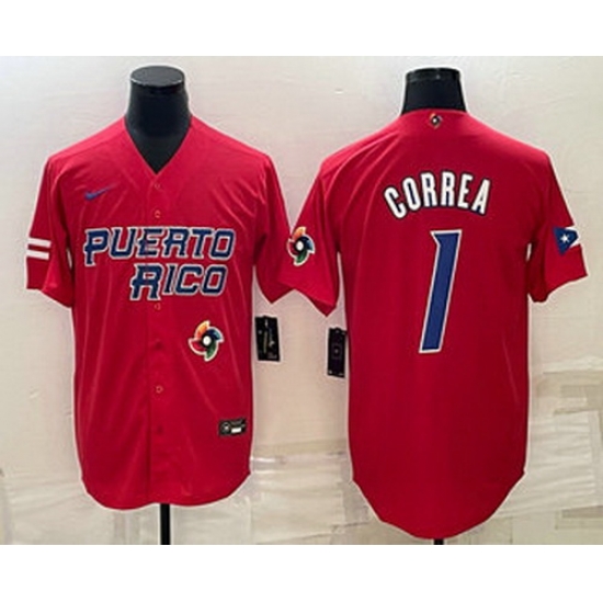 Men's Puerto Rico Baseball #1 Carlos Correa 2023 Red World Baseball Classic Stitched Jersey Men's Puerto Rico Baseball #1 Carlos Correa 2023 Red World Baseball Classic Stitched Jersey