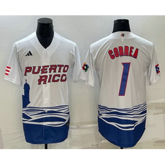 Men's Puerto Rico Baseball #1 Carlos Correa White 2023 World Baseball Classic Stitched Jerseys Men's Puerto Rico Baseball #1 Carlos Correa White 2023 World Baseball Classic Stitched Jerseys