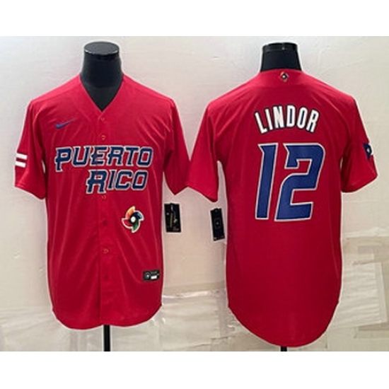 Men's Puerto Rico Baseball #12 Francisco Lindor 2023 Red World Baseball Classic Stitched Jersey Men's Puerto Rico Baseball #12 Francisco Lindor 2023 Red World Baseball Classic Stitched Jersey