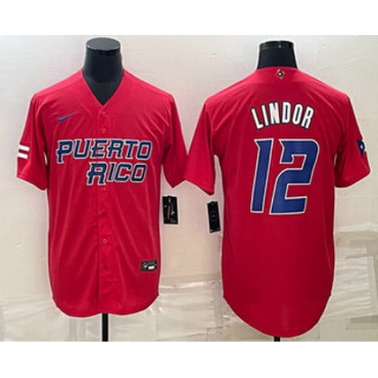 Men's Puerto Rico Baseball #12 Francisco Lindor 2023 Red World Baseball Classic Stitched Jerseys Men's Puerto Rico Baseball #12 Francisco Lindor 2023 Red World Baseball Classic Stitched Jerseys
