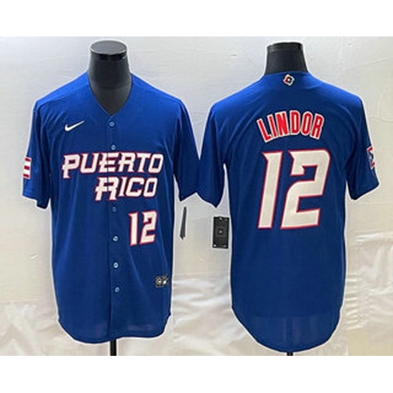 Men's Puerto Rico Baseball #12 Francisco Lindor Number 2023 Royal World Classic Stitched Jersey Men's Puerto Rico Baseball #12 Francisco Lindor Number 2023 Royal World Classic Stitched Jersey