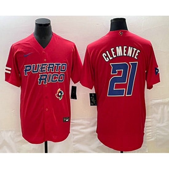 Men's Puerto Rico Baseball #21 Roberto Clemente 2023 Red World Classic Stitched Jersey Men's Puerto Rico Baseball #21 Roberto Clemente 2023 Red World Classic Stitched Jersey