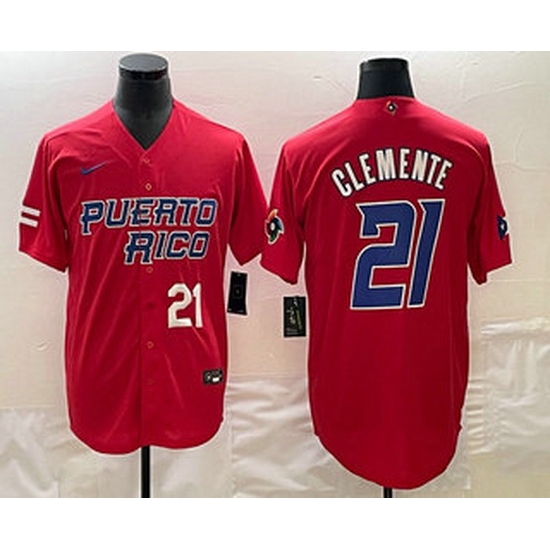 Men's Puerto Rico Baseball #21 Roberto Clemente Number 2023 Red World Classic Stitched Jerseys Men's Puerto Rico Baseball #21 Roberto Clemente Number 2023 Red World Classic Stitched Jerseys