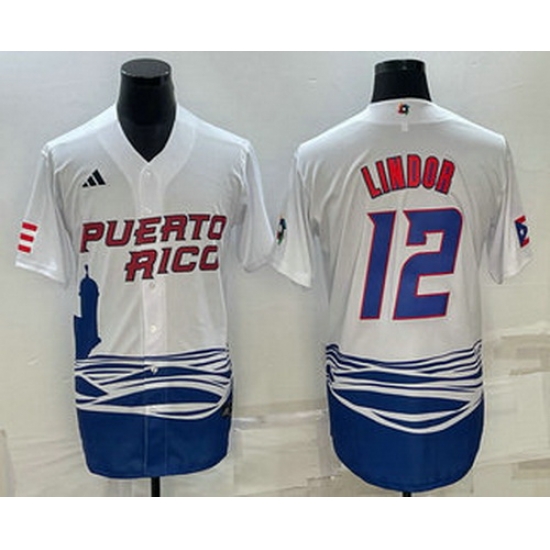Men's Puerto Rico Baseball #23 Francisco Lindor White 2023 World Baseball Classic Stitched Jerseys Men's Puerto Rico Baseball #23 Francisco Lindor White 2023 World Baseball Classic Stitched Jerseys