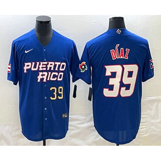 Mens Puerto Rico Baseball #39 Edwin Diaz Number 2023 Blue World Baseball Classic Stitched Jersey
