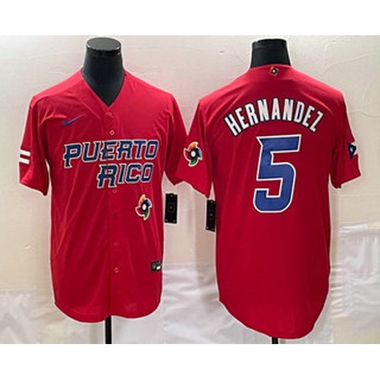 Men's Puerto Rico Baseball #5 Enrique Hernandez 2023 Red World Classic Stitched Jersey Men's Puerto Rico Baseball #5 Enrique Hernandez 2023 Red World Classic Stitched Jersey