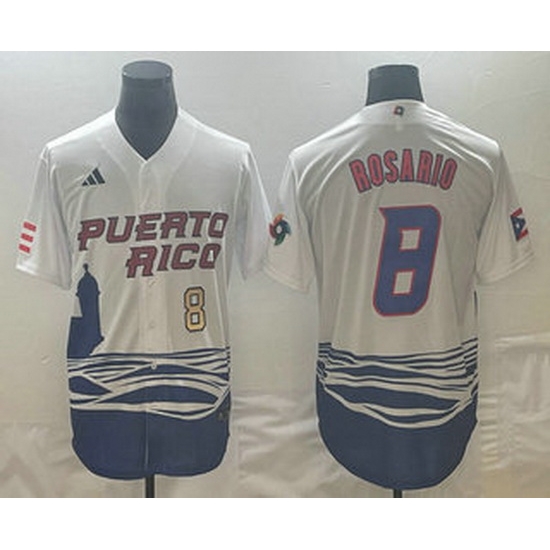 Men's Puerto Rico Baseball #8 Eddie Rosario Number 2023 White World Classic Stitched Jersey Men's Puerto Rico Baseball #8 Eddie Rosario Number 2023 White World Classic Stitched Jersey