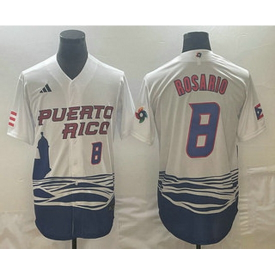 Men's Puerto Rico Baseball #8 Eddie Rosario Number 2023 White World Classic Stitched Jerseys Men's Puerto Rico Baseball #8 Eddie Rosario Number 2023 White World Classic Stitched Jerseys
