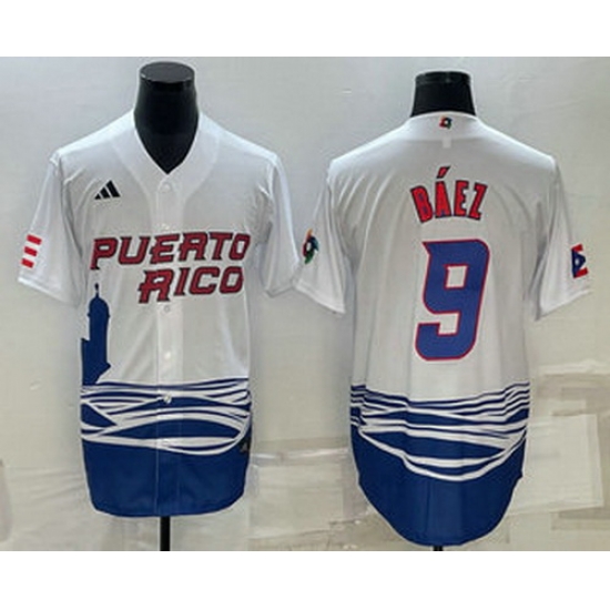Men's Puerto Rico Baseball #9 Javier Baez White 2023 World Baseball Classic Stitched Jersey Men's Puerto Rico Baseball #9 Javier Baez White 2023 World Baseball Classic Stitched Jersey