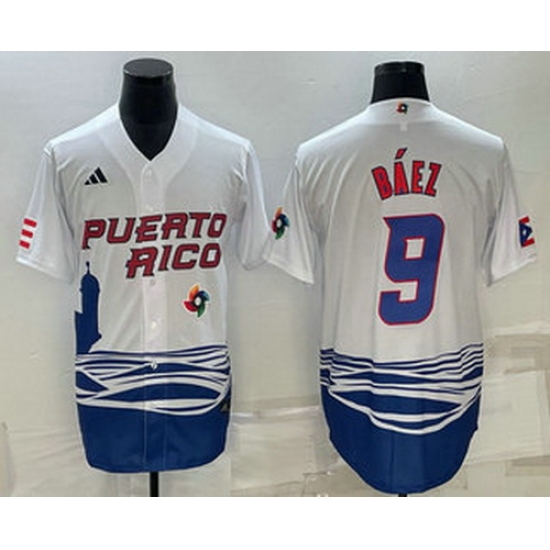 Men's Puerto Rico Baseball #9 Javier Baez White 2023 World Baseball Classic Stitched Jerseys Men's Puerto Rico Baseball #9 Javier Baez White 2023 World Baseball Classic Stitched Jerseys